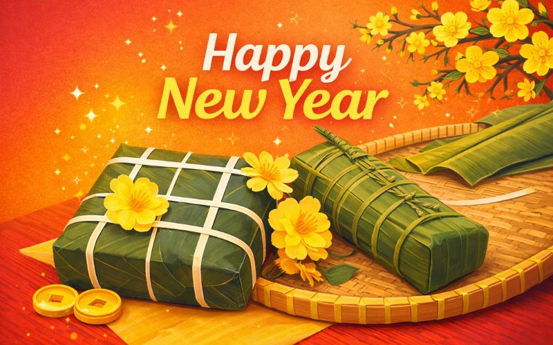 Hình ảnh Tết truyền thống với hoa mai, hoa đào, bánh chưng gợi cảm giác sum vầy, ấm áp ngày đầu năm