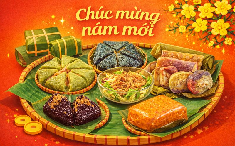 Hình ảnh Tết truyền thống với hoa mai, hoa đào, bánh chưng gợi cảm giác sum vầy, ấm áp ngày đầu năm
