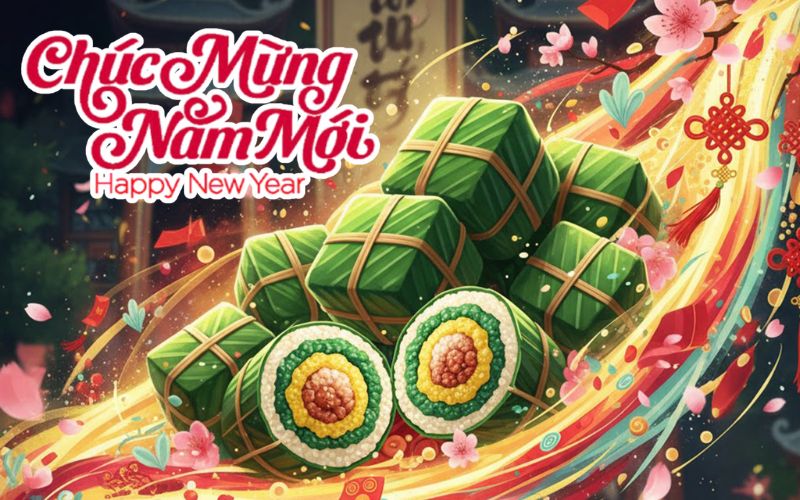 Hình ảnh Tết truyền thống với hoa mai, hoa đào, bánh chưng gợi cảm giác sum vầy, ấm áp ngày đầu năm