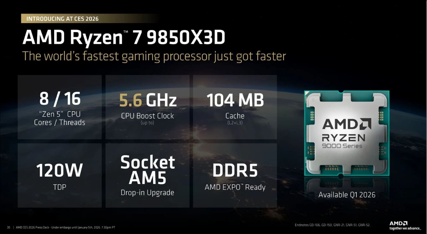 Vi xử lý Ryzen 7 9850X3D ra mắt tại CES 2026