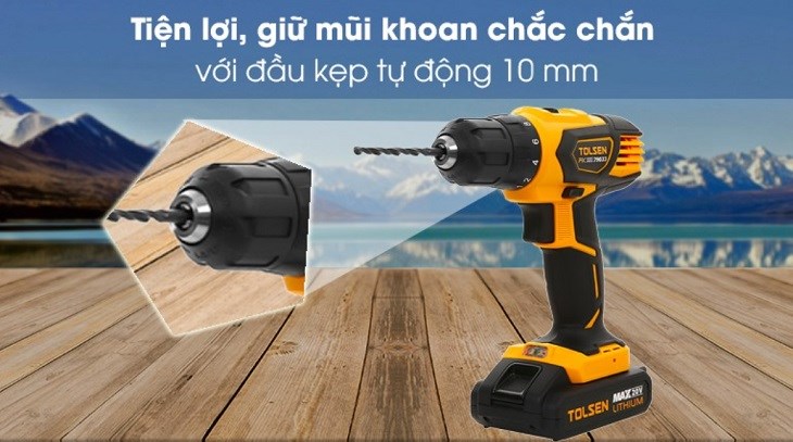 Máy khoan pin Tolsen 79033 20V trang bị đầu kẹp tự động hỗ trợ giữ và tháo lắp mũi khoan nhanh chóng