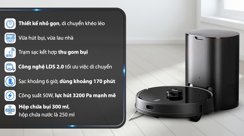 Robot hút bụi lau nhà Lydsto R1 Pro với công nghệ điều hướng Laser LDS 2.0, quét bản đồ chính xác, lưu trữ tối đa 5 bản đồ, phù hợp nhà nhiều tầng