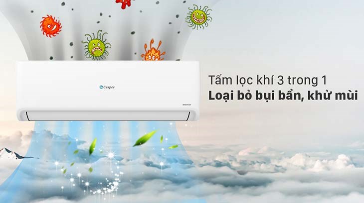 Máy lạnh Casper Inverter 1.5 HP GC-12IS32 sử dụng tấm lọc 3 trong 1 khả năng loại bỏ đáng kể những hạt bụi, vi khuẩn và khử mùi hiệu quả