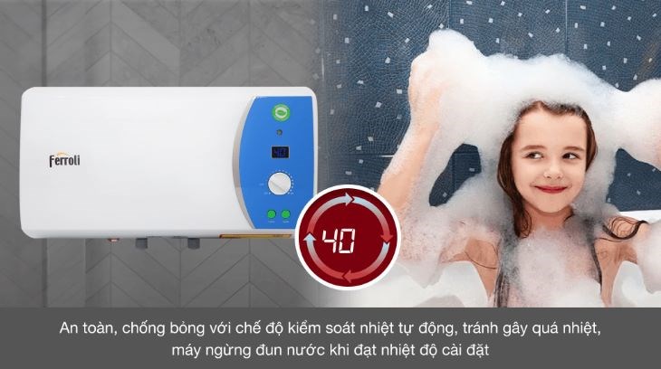 Máy nước nóng gián tiếp Ferroli 20 lít 2500W Verdi AE nếu không bị lỗi có thể làm nóng đến 50 độC