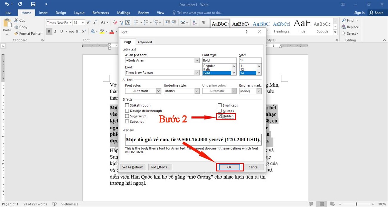 Ở hộp thoại vừa xuất hiện, bạn tick vào ô Hidden ở mục Effects