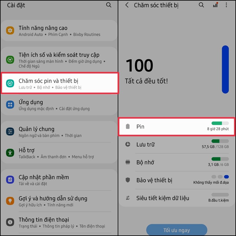 Bước 1: Mở Cài đặt > Chọn mục Chăm sóc pin và thiết bị.