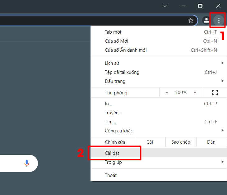 Chọn vào biểu tượng 3 chấm phía góc phải trình duyệt > Cài đặt (Setting)