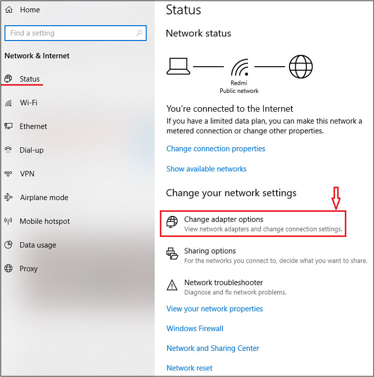 Click chọn Change adapter options