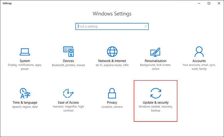 Vào Settings > chọn Update and Security