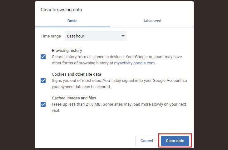 họn Clear data là bạn có thể xóa bộ nhớ cache và cookies của trình duyệt.
