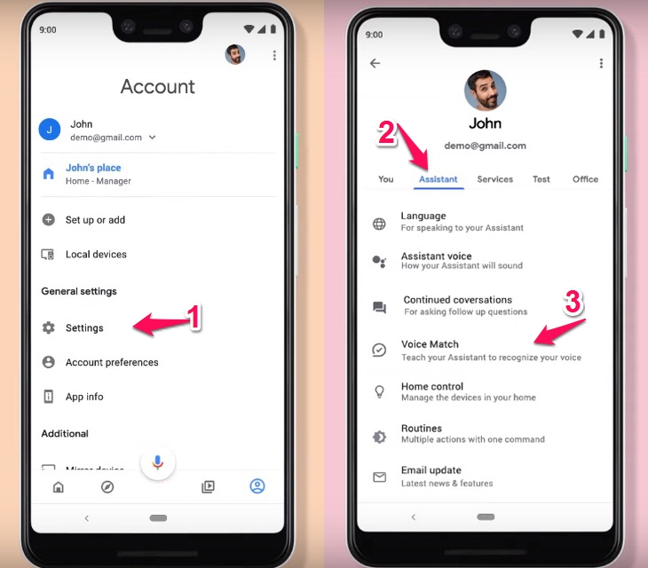 vào Settings -> Assistant -> Voice Match.