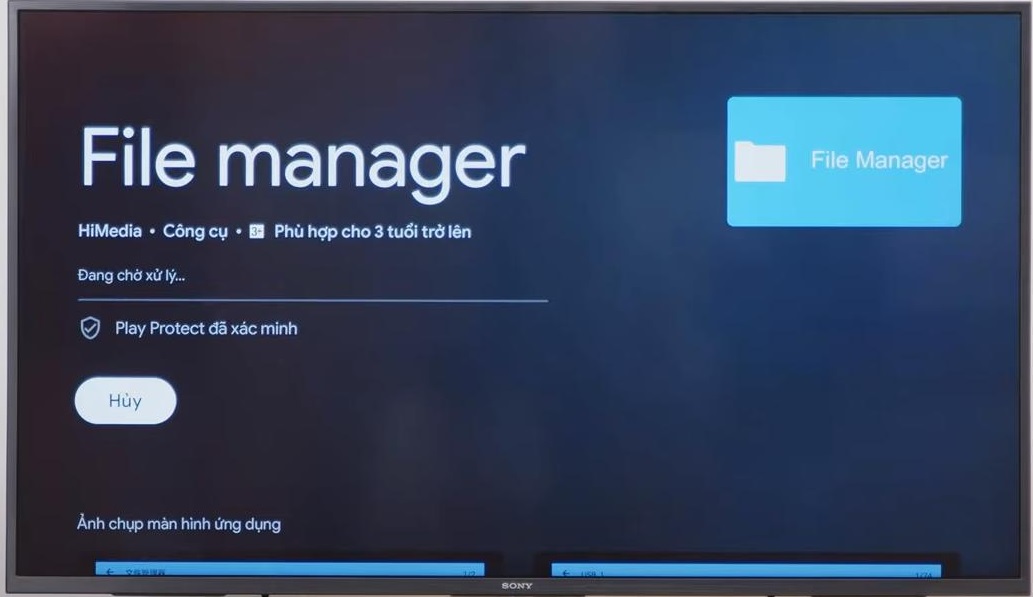 Bước 1: Truy cập vào CH Play trên tivi và tải ứng dụng File Manager để đọc file từ USB, nếu có sẵn ứng dụng tương tự, bạn có thể bỏ qua bước này.