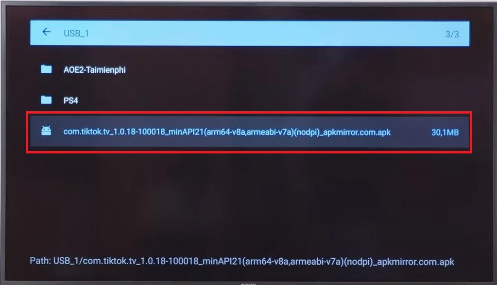 Bước 4: Nhấn vào file Tiktok để quá trình cài đặt trên tivi được tiến hành và hoàn tất.