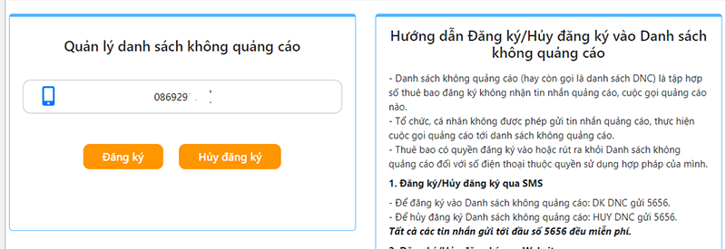 Bước 2: Nhập số điện thoại muốn đăng ký chặn cuộc gọi và tin nhắn rác