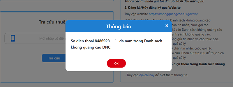 Ngay lập tức, sẽ nhận được kết quả tra cứu xem số điện thoại của mình.