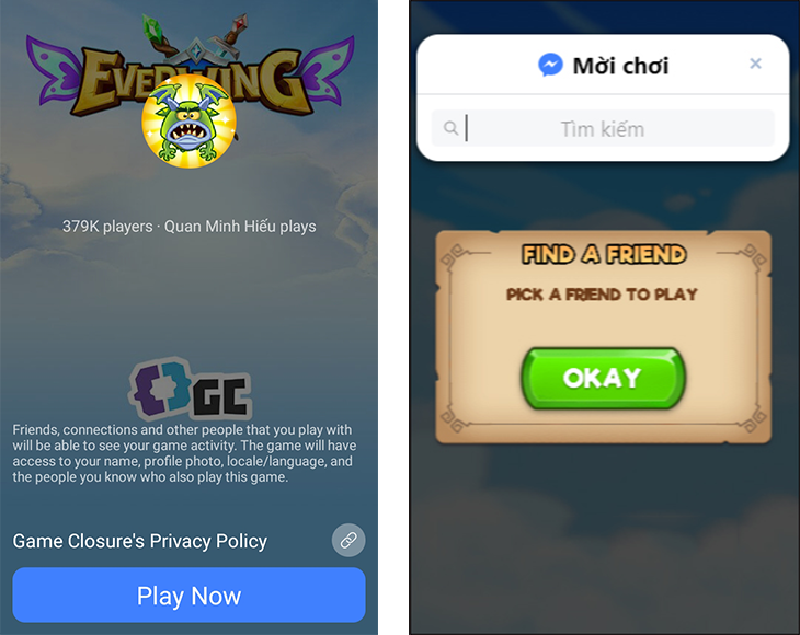 Mời bạn bè trên facebook chơi cùng