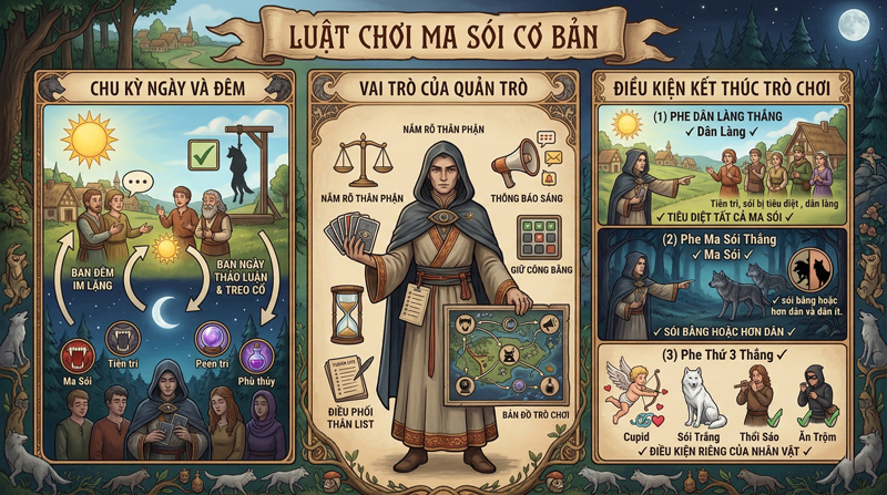 Luật Ma Sói: luân phiên ngày đêm, quản trò điều phối, các phe đấu trí đến khi đạt điều kiện thắng