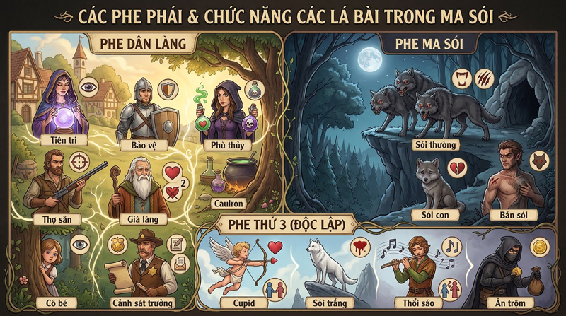 Ma Sói gồm 3 phe: Dân, Sói, phe 3; mỗi lá bài có vai trò riêng, tạo đấu trí kịch tính, khó đoán
