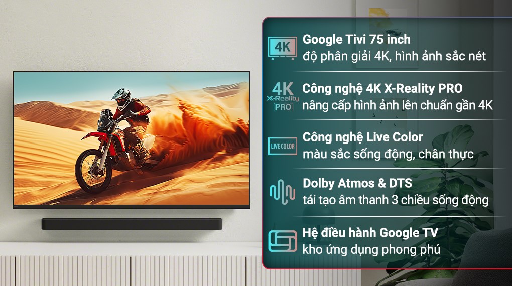 Sony Google TV BRAVIA 2 II 4K 75 inch - K-75S25VM2 với 4K X-Reality Pro, Live Color và Google TV, giải trí sống động