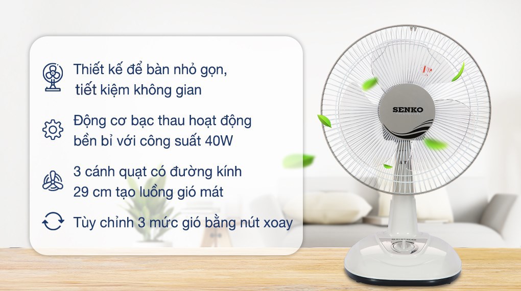 Quạt bàn Senko B1213 40W với 3 cánh quạt có đường kính cánh 29 cm làm mát hiệu quả tạo làn gió trải rộng, tản gió mát nhanh
