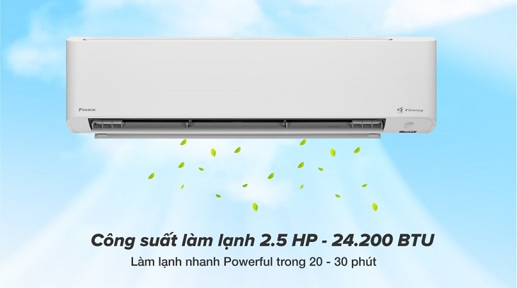 Máy lạnh Daikin Inverter 3 HP FTKY71WVMV có công suất làm lạnh 2.5 HP - 24.200 BTU sẽ làm lạnh căn phòng của bạn trong 20 phút