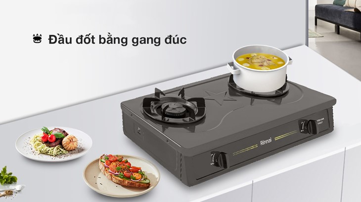 Bếp ga đôi Rinnai RV-MC27BE sở hữu đầu đốt bằng gang đúc chống ăn mòn tốt và dẫn nhiệt hiệu quả