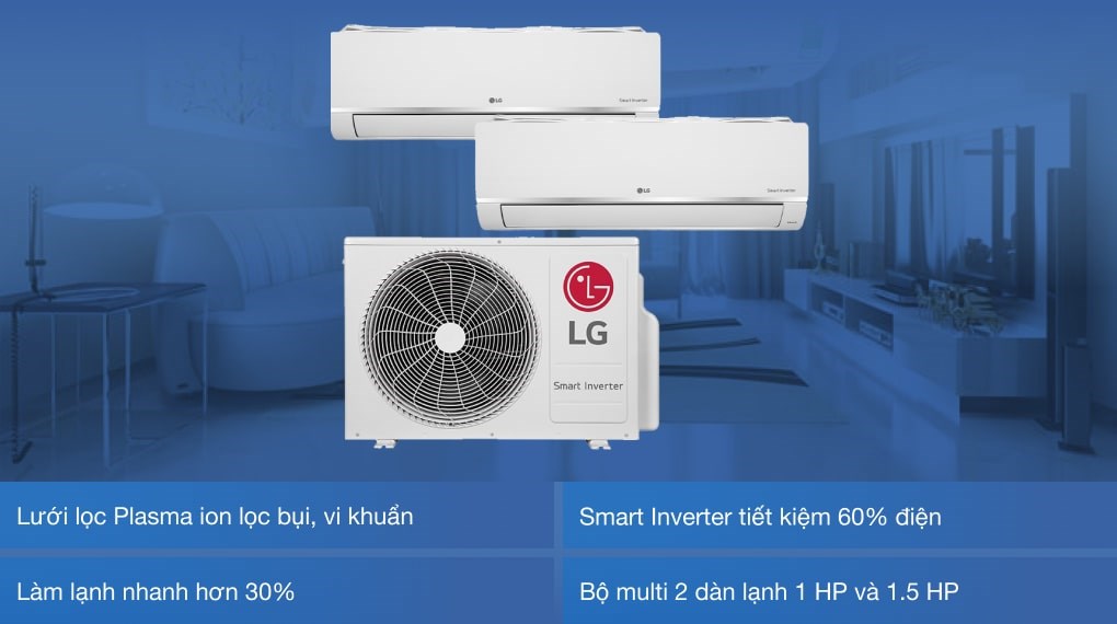 Bộ multi LG 2 dàn lạnh 1 HP AMNQ09GSJB0 và 1.5 HP AMNQ12GSJB0 tiết kiệm diện tích lắp đặt, làm mát hiệu quả