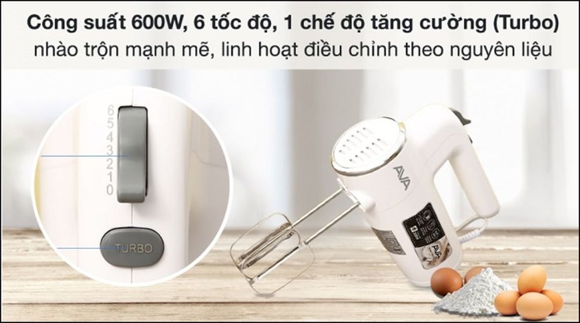 Máy đánh trứng AVA HM9103-GS hoạt động với công suất 600W, vận hành với công suất mạnh, giúp nhanh chóng đánh mịn