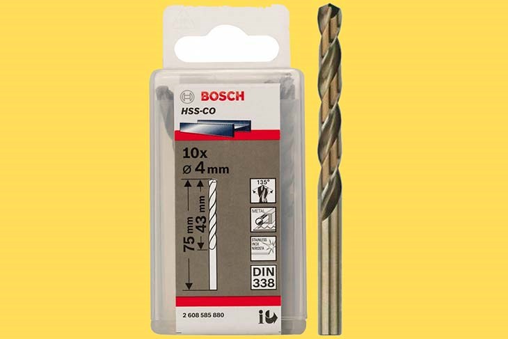 Mũi khoan inox Bosch HSS-Co 4 mm (hộp 10 mũi) thuộc loại N (góc rãnh) với đầu 135 độ, dung sai đường kính h8