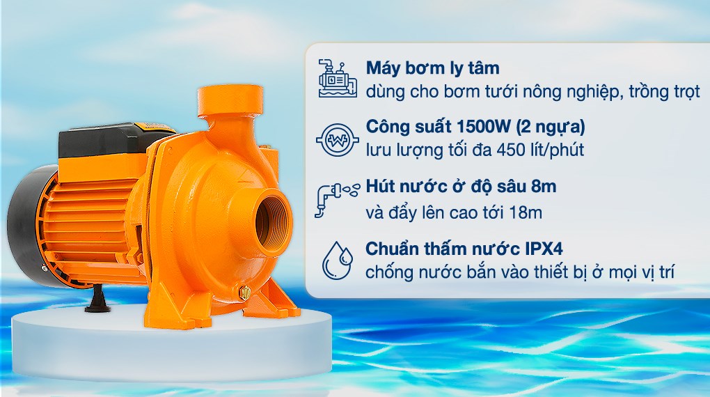 Máy bơm nước ly tâm Ingco MHF15001 1500W, lưu lượng 450 lít/phút, đa năng cho cứu hỏa, tưới tiêu
