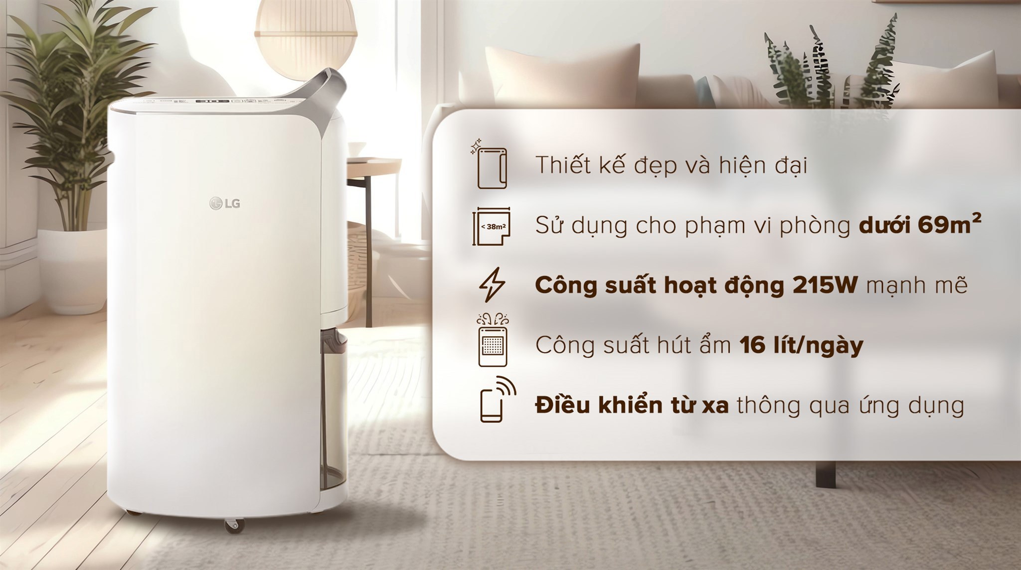 Máy hút ẩm LG Dual Inverter 16L MD16GQSE0.ABAE là trợ thủ đắc lực trong mùa mưa