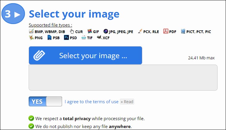 Bạn tải ảnh lên tại mục Select your image sau đó chọn bật Yes để đồng ý ở mục I agree to the terms of use