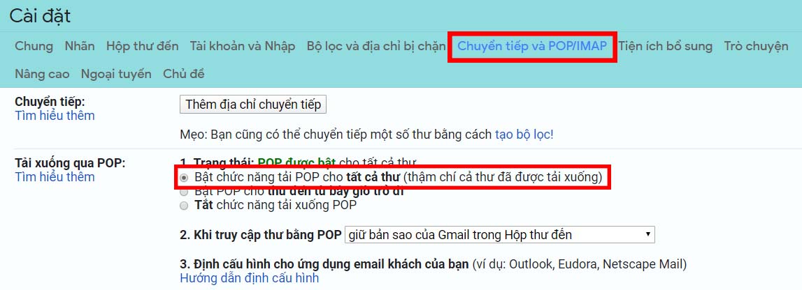 Chọn Bật chức năng tải POP cho tất cả thư trong mục tải xuống POP