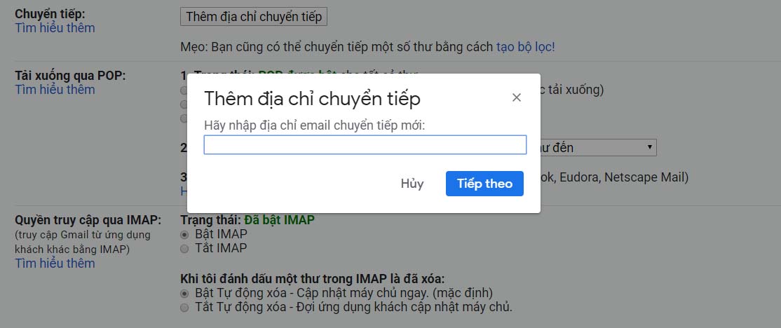 Nhập địa chỉ Gmail chuyển tiếp vào và làm theo các bước xác thực