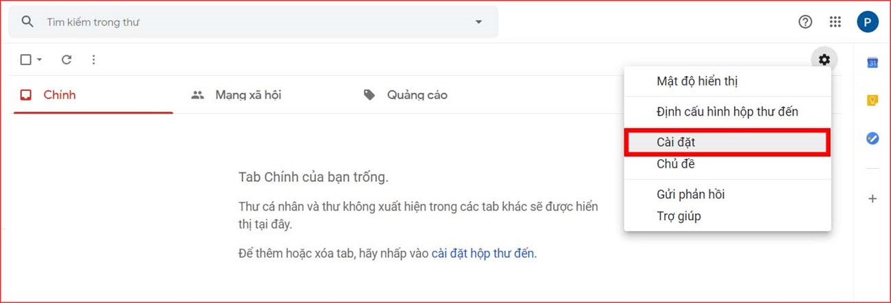 Truy cập vào tài khoản Gmail mới và nhấp chọn vào phần Cài đặt.
