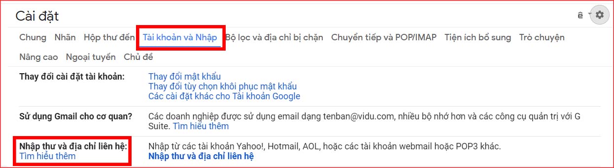 nhấp vào Nhập thư và địa chỉ liên hệ ở mục Nhập thư và địa chỉ liên hệ