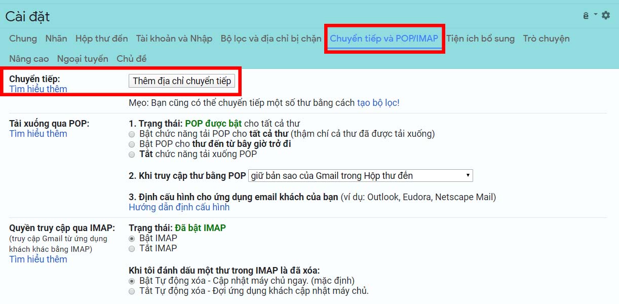 nhấp vào Thêm địa chỉ chuyển tiếp ở mục Chuyển tiếp