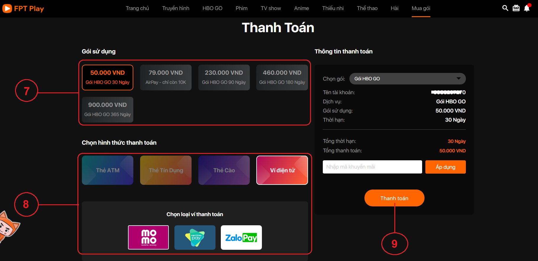 Hình thức thanh toán gói HBO go