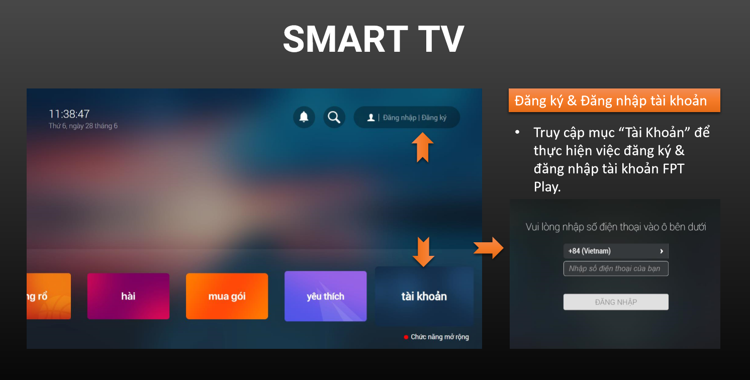 truy cập mục Tài khoản để thực hiện việc đăng ký và đăng nhập tài khoản FPT Play.art TV