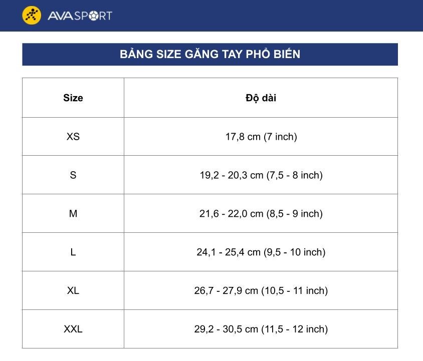 Bảng size găng tay phổ biến
