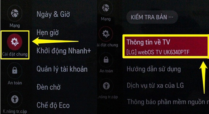 Chọn mục Cài đặt chung > chọn mục Giới thiệu về tivi