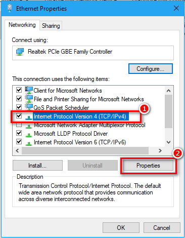chọn Protocol Version 4 (TCP/Ipv4) và chọn Properties