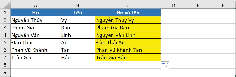Kết quả sau khi nối dữ liệu từ 2 cột lại với nhau