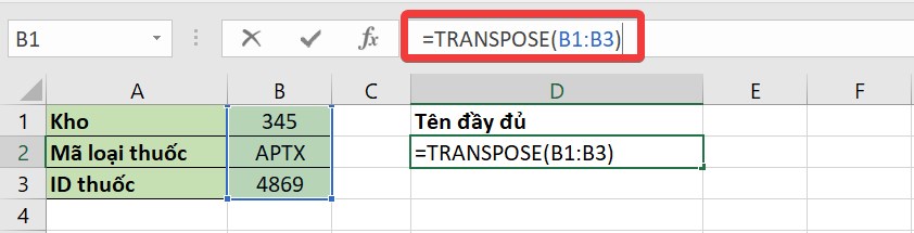 Nhập công thức hàm TRANSPOSE và nhấn F9 trên bàn phím