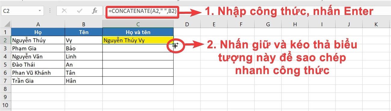 Nhập công thức nối cột vào ô đầu tiên và sao chép