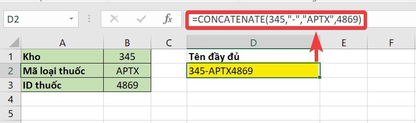 Thêm tên hàm CONCATENATE và chỉnh sửa công thức theo ý muốn