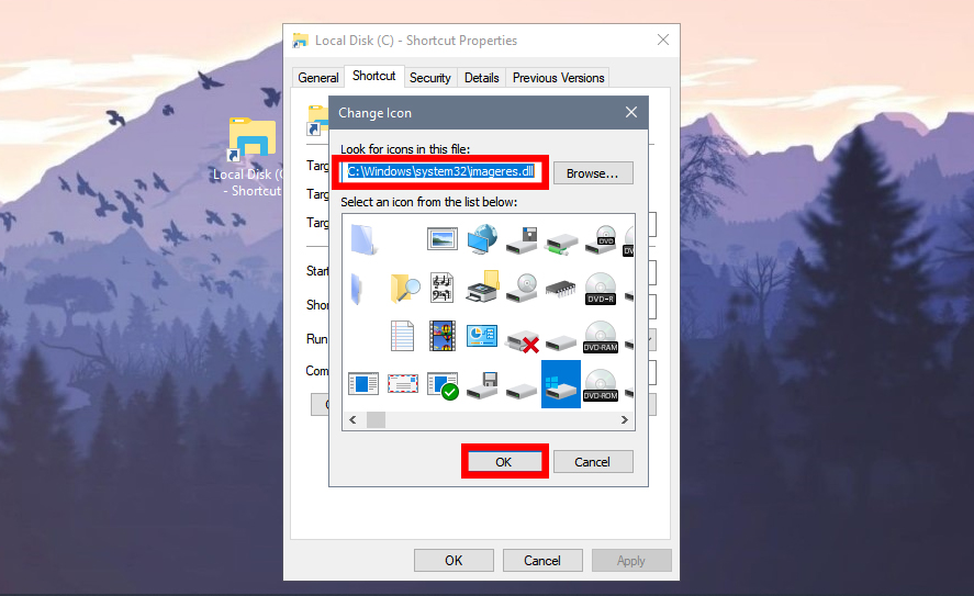 Nhập địa chỉ C:\Windows\system32\imageres.dll vào thanh tìm kiếm và chọn icon bạn thích