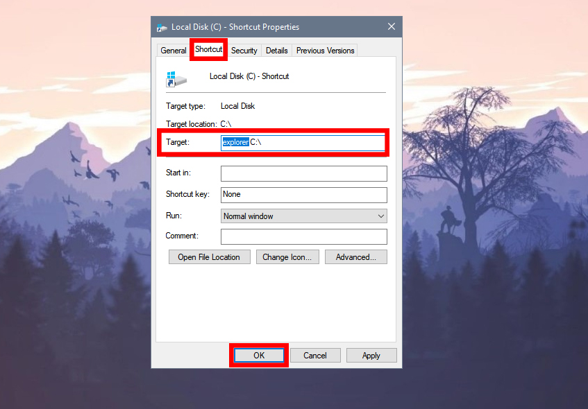 Ở mục target, chèn chữ explorer vào trước chữ C:\