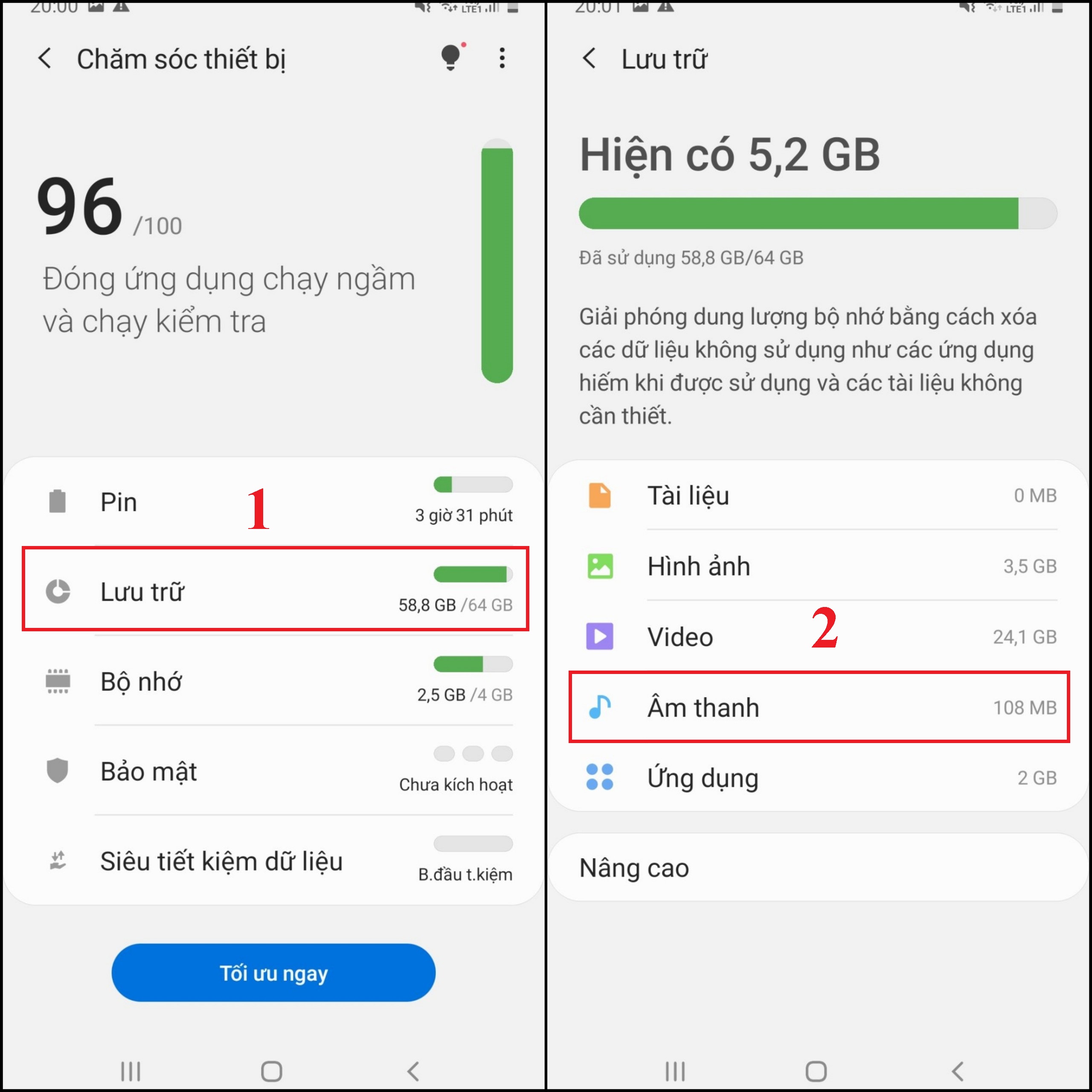 Chọn mục Lưu trữ (Storage). Sau đó, bạn hãy chọn vào mục cần xoá và xoá file đó đi.