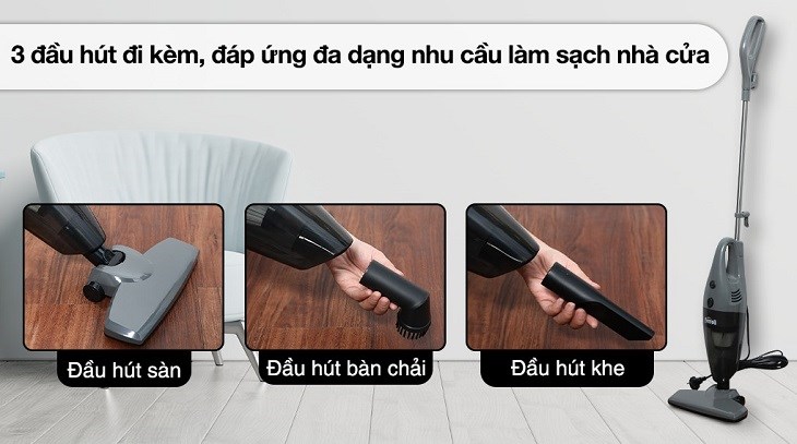 Máy hút bụi cầm tay Ferroli FVC-600H được trang bị 3 đầu hút tiện lợi, giúp bạn dễ dàng vệ sinh bề mặt và các rãnh nệm